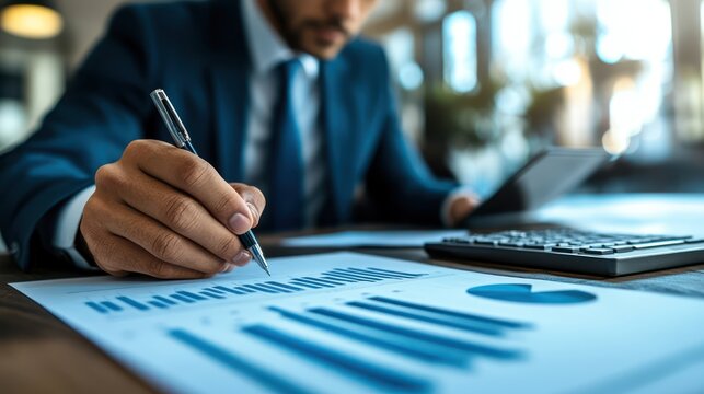 Executive meticulously reviewing financial performance charts with analytical insight