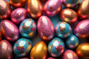 Fototapeta premium Assortment of chocolate eggs with foil wrapping , holiday, white chocolate