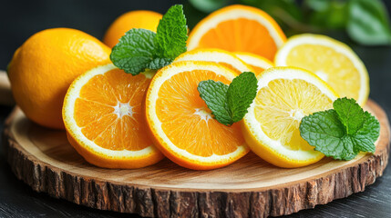 Sliced oranges and lemons garnished with fresh mint, beautifully displayed on a rustic wooden board for a vibrant fruit platter