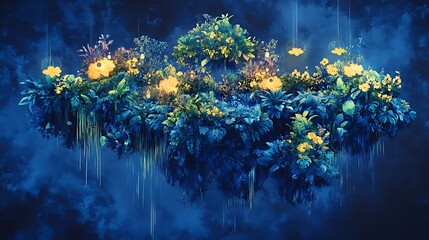 Obraz premium Lush Fantasy Garden with Yellow Flowers and Blue Foliage on Atmospheric Backdrop