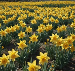 Fototapeta premium Sunlit field of vibrant yellow daffodils in full bloom , daffodil field, garden, cheerful