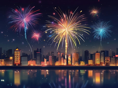 Colorful Fireworks Over City Skyline at Night with Reflections on Water and Wooden Deck – ai - Powered by Adobe
