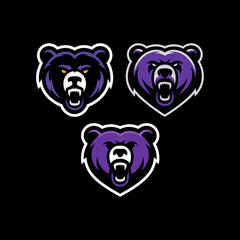 Triple Stylized Bear Head Mascots in Purple and Black with Aggressive Expressions