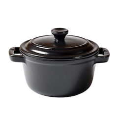 Black enamel cast iron pot with lid and handles. Perfect for cooking stews, casseroles and other delicious dishes.