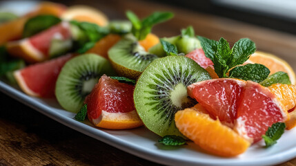A colorful fruit salad of kiwi, orange slices, and grapefruit segments, garnished with fresh mint leaves and elegantly presented on a chic white platter.