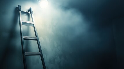 A metal ladder is illuminated by a bright overhead light source