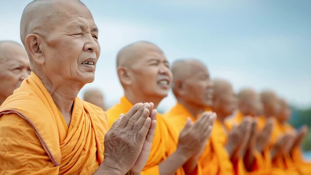 Serene Monks in Prayer: A close-up of a row of serene Buddhist monks dressed in saffron robes and lost in peaceful prayer, demonstrating their spiritual devotion.