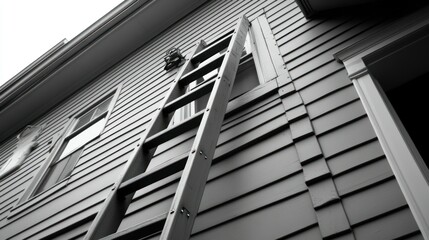 Obraz premium An Angled View Of A Wooden Ladder On A House Wall