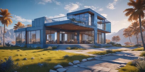 Fototapeta premium Blueprint overlay on a vibrant landscape photo, creating a striking architectural design effect , artistic, mockup, photography
