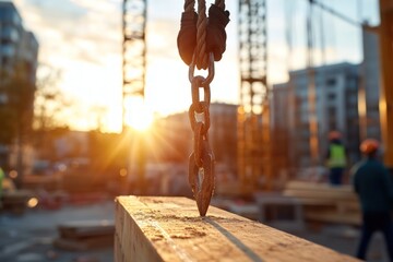 Construction crane lifting a timber beam at sunset