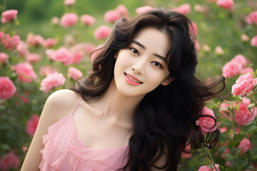 Naklejka premium a beautiful girl in flowers and green area