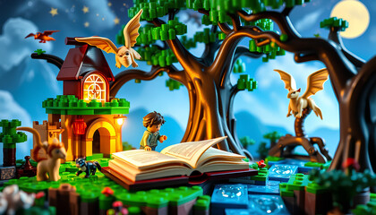  Bricks storybook world with fairy tale elements, flying books, dragons, magic trees, dreamlike setting