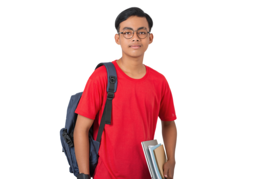 Smiling young asian collage student using red tshirt with books and backpack isolated on white
