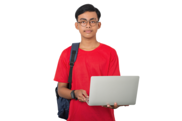 Smiling young asian collage student using red tshirt standing holding laptop isolated on white