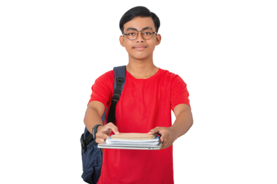 Smiling young asian collage student using red tshirt with books and backpack isolated on white