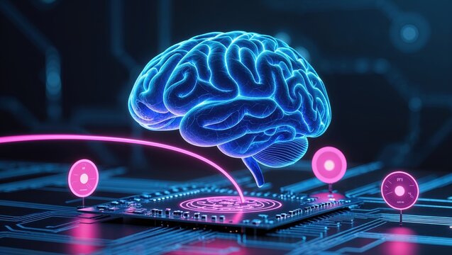 Futuristic digital brain connected to a microchip, symbolizing AI and neural networks