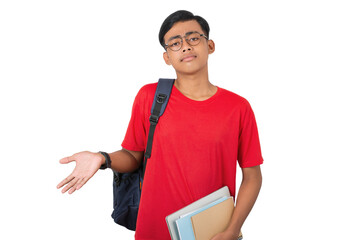 Young asian collage student shrugging with hands raised sideways confused expression