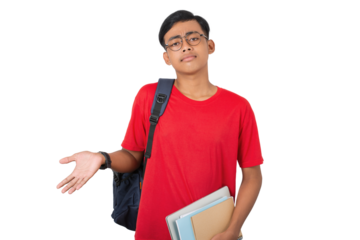 Young asian collage student shrugging with hands raised sideways confused expression