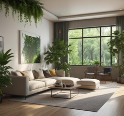Modern living room, lush greenery, natural light, decor, plants, shelf