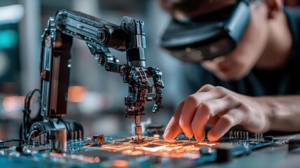 Engineer using augmented reality glasses to operate robotic arm on circuit board in workshop