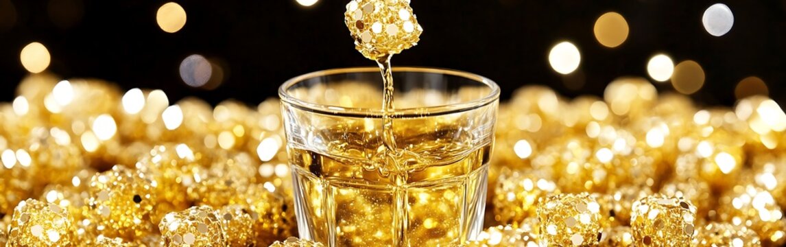 Golden elixir flowing into a glass surrounded by sparkly ornaments