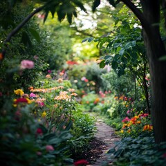 A colorful garden path leads through a vibrant and verdant landscape