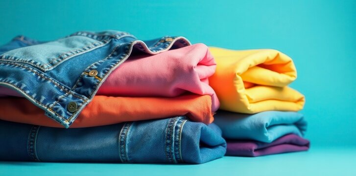 Folded colorful shirts & rolled jeans, summer style Blue background , background, denim stack - Powered by Adobe