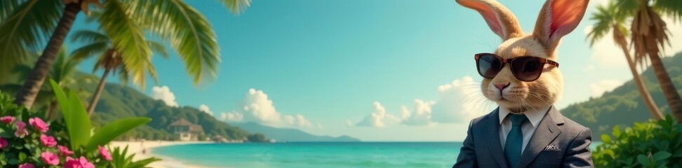 Obraz premium Sophisticated bunny in suit, sunglasses, tropical backdrop, animal, chic, graphics