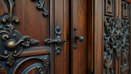 close up of a wooden door with ornate carvings