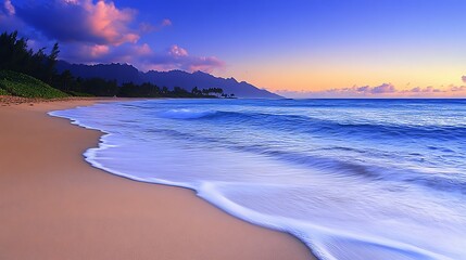Fototapeta premium Serene Shoreline Gentle Waves on Sandy Beach at Twilight with distant Mountain View