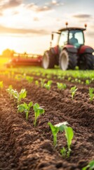 Fototapeta premium Young plants sprout in rows of freshly tilled earth, a tractor working in the background at sunset