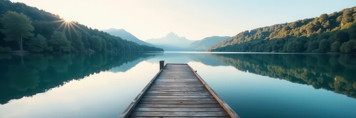 Fototapeta premium Solitary wooden pier extends into calm lake waters , reflection, jetty