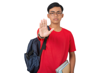 Young asian collage student doing stop gesture with serious expression isolated on white background