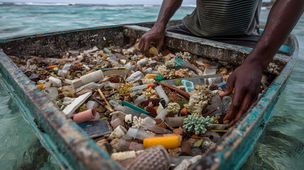 Ocean Pollution Cleanup: Man Collecting Plastic Waste in the Sea