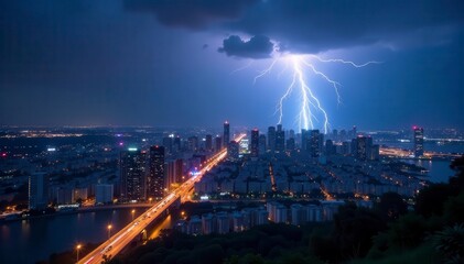 Obraz premium Epic lightning illuminates modern city panorama, thunder, electric, buildings