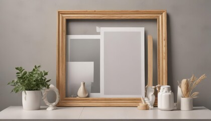 Chic photo frame mood board mockup  Diverse frame shapes & sizes ,  clean,  wall art,  black