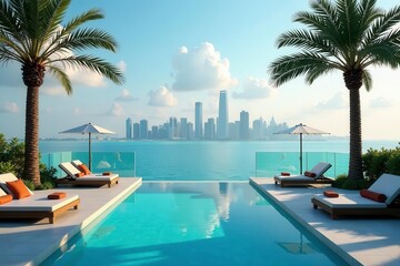 Fototapeta premium Infinity pool, Dubai skyline vista, Palm villa luxury, majestic, reflection, villa