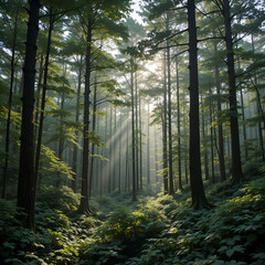 Fototapeta premium Dense forest with sunlight filtering through the canopy