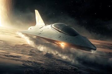 Space fighter jet glides over the earth's surface against the cosmic backdrop beautifully