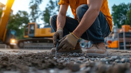 Construction worker meticulously marking a location on a gravel surface