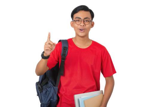Young asian collage student thinking having a good idea isolated on white background