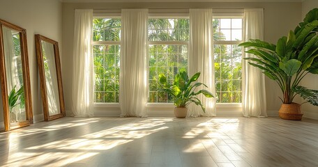 Fototapeta premium Spacious room with large windows and lush greenery.