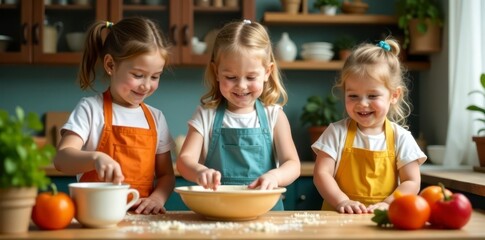 Three kids in aprons joyfully bake, mixing ingredients , cooking, fun, preparation
