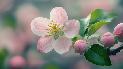 Obraz premium Delicate pink apple blossom with unopened buds and green leaves evokes springtime