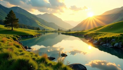 Golden light bathes tranquil lake & grassy hills , evening, grass, peaceful