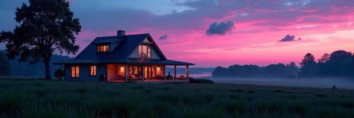 Sleek farmhouse at twilight; vibrant pink & blue hues Oblique view , home, viewpoint