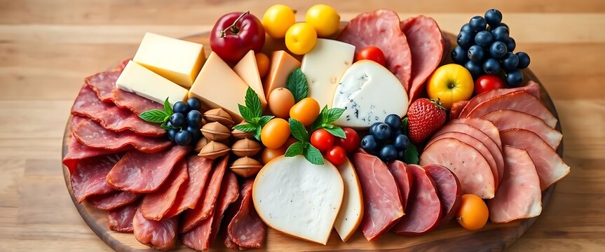 platter of meats, cheeses, fruit, and nuts - Powered by Adobe