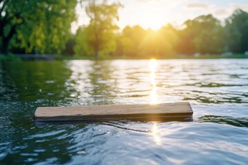Fototapeta premium Wooden plank floats on rippling lake water, sunbeams
