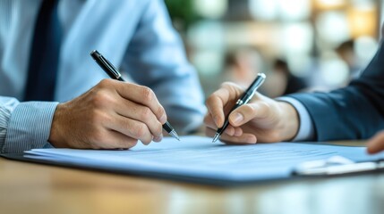 Business Collaboration: Two Executives Finalizing Agreement with Fountain Pens