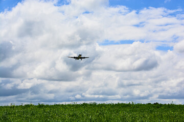草原の上を飛ぶ着陸態勢の飛行機